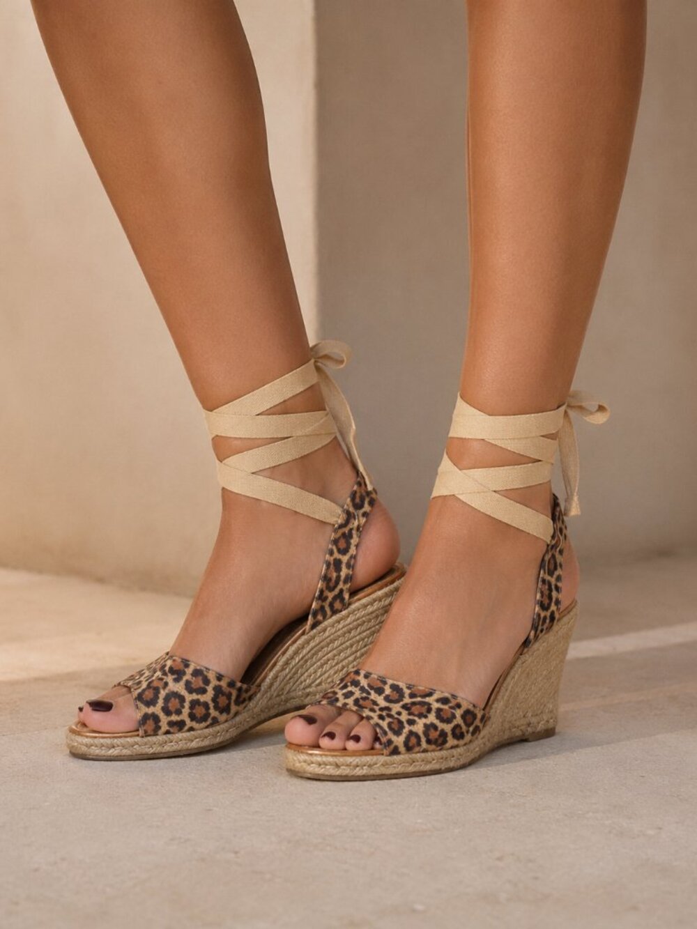 André Assous Leopard Print Lace-Up Espadrille Wedge Sandals – Size 7